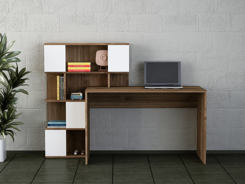 scrivania moderna con libreria integrata in legno bianco e noce