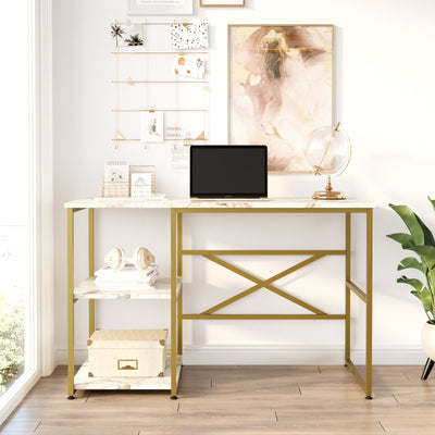 scrivania moderna struttura in metallo dorato piano e ripiani in legno colore marmo bianco