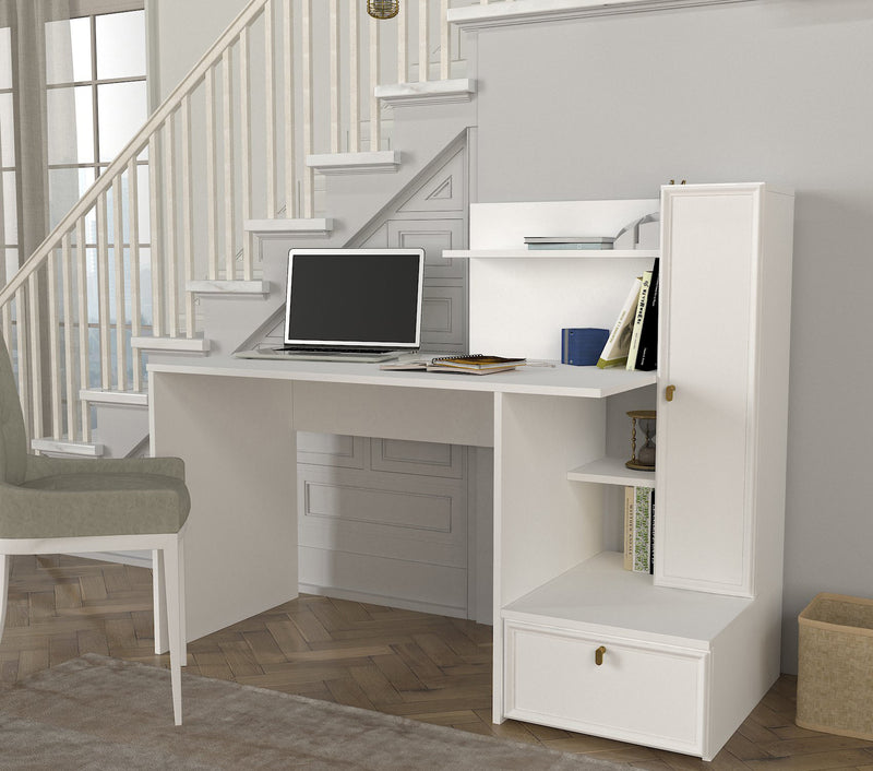 Scrivania moderna con vani a giorno e ante in legno bianco cm 142x60x115h