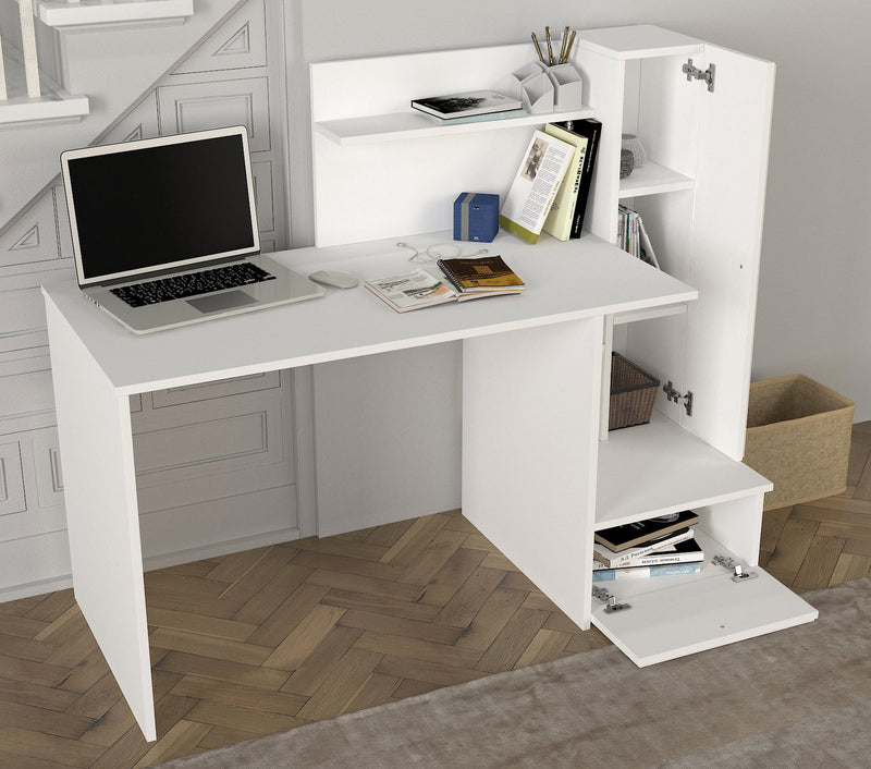 Scrivania moderna con vani a giorno e ante in legno bianco cm 142x60x115h