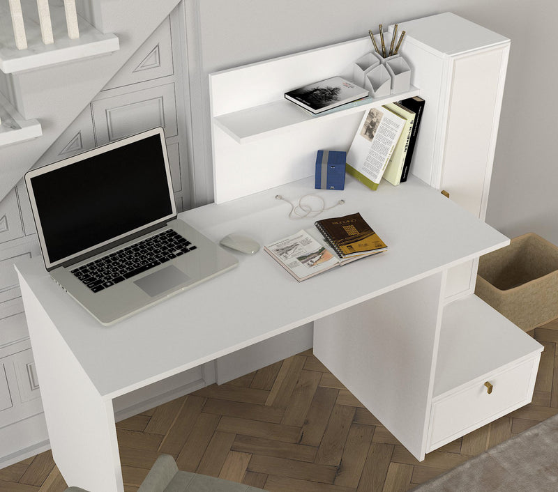 Scrivania moderna con vani a giorno e ante in legno bianco cm 142x60x115h