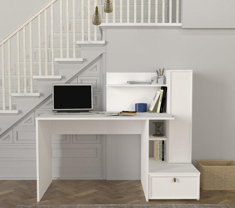 scrivania moderna da studio in legno bianco con vani e ante