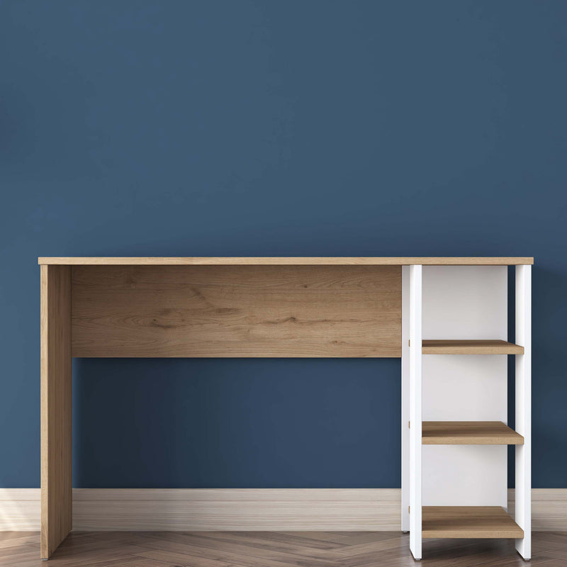 Scrivania da camera per ragazzi colore bianco e rovere con 3 ripiani cm 120x45x74h