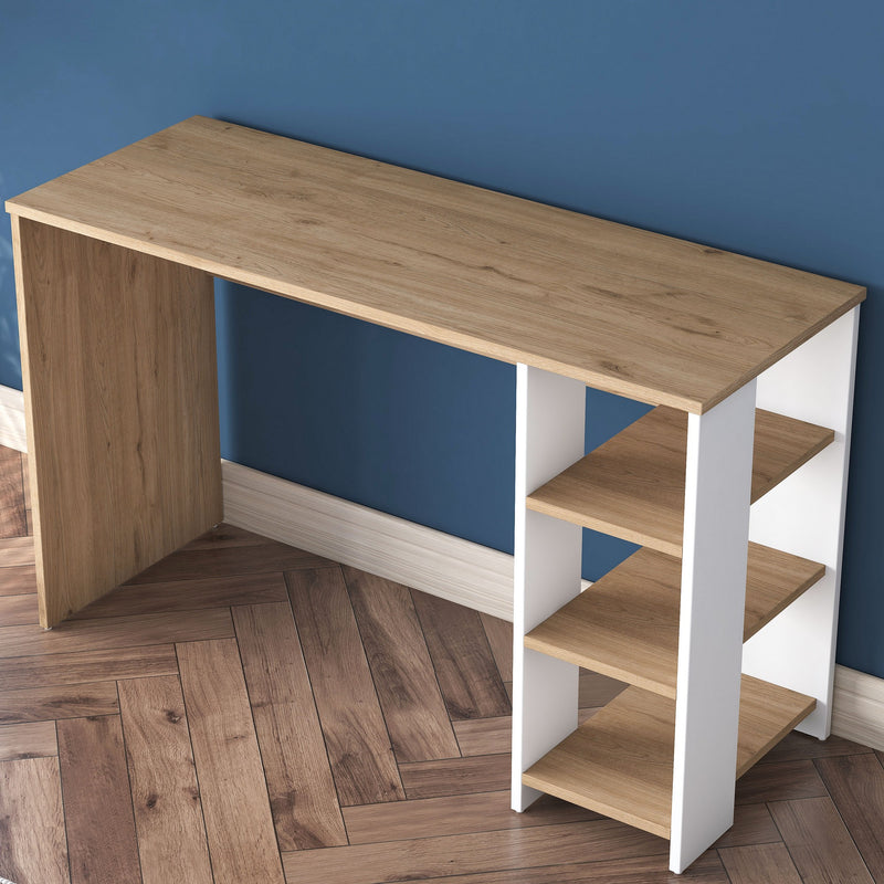 Scrivania da camera per ragazzi colore bianco e rovere con 3 ripiani cm 120x45x74h