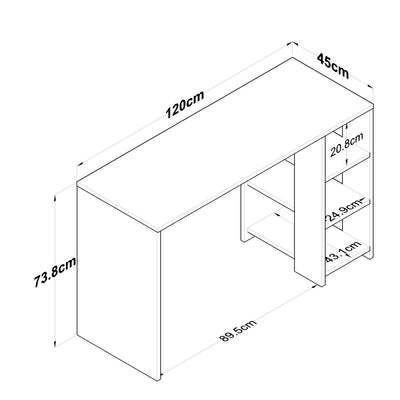 Scrivania da camera per ragazzi colore bianco e rovere con 3 ripiani cm 120x45x74h