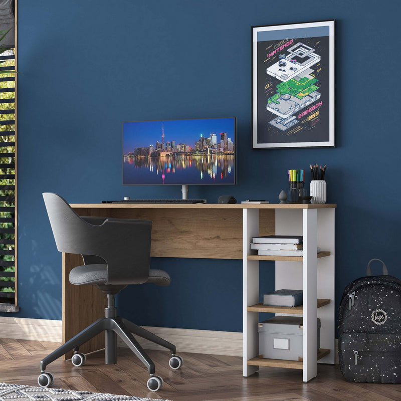Scrivania da camera per ragazzi colore bianco e rovere con 3 ripiani cm 120x45x74h