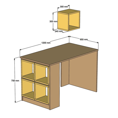 Scrivania con scaffale 4 cubi estraibili e cubo da appendere noce e bianco cm 120x65x75h