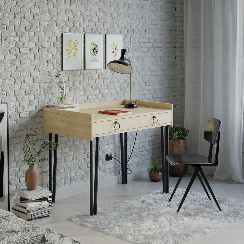 scrivania da studio con cassetto in legno quercia chiaro gambe in metallo colore nero