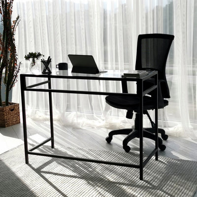 scrivania moderna da studio ufficio in metallo nero piano in vetro trasparente