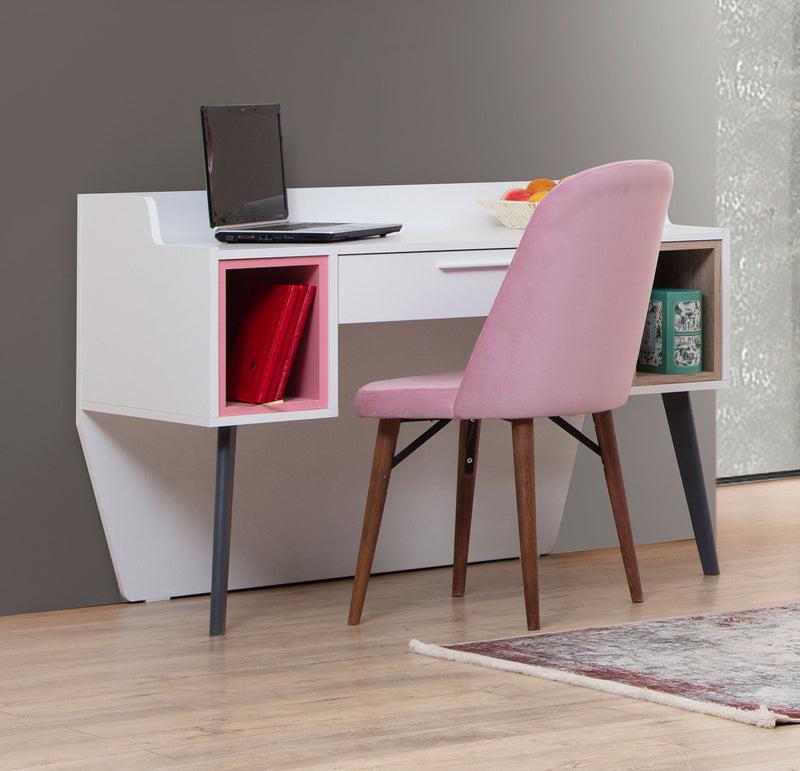 scrivania cameretta bambna con cassetto e 2 vani in legno bianco rosa e rovere