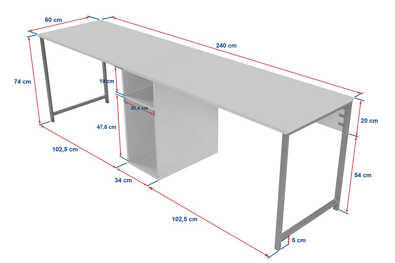 Scrivania moderna stile industrial con doppia postazione e vano centrale cm 240x60x74h