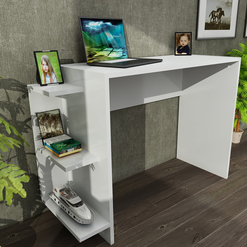 scrivania moderna da cm 104 con libreria laterale 3 ripiani in legno colore bianco