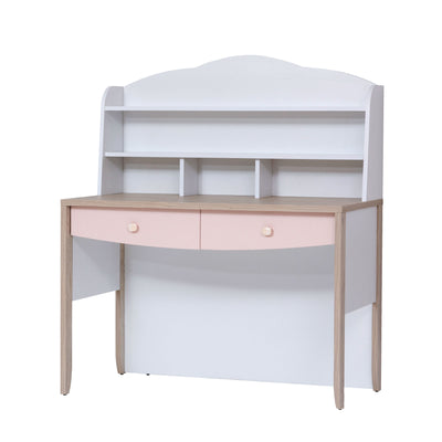 scrivania per cameretta bambina con cassetti e vani in legno colore rosa e bianco