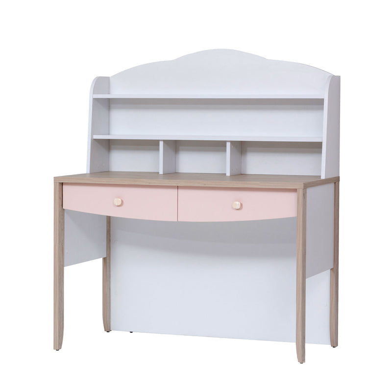 scrivania per cameretta bambina con cassetti e vani in legno colore rosa e bianco