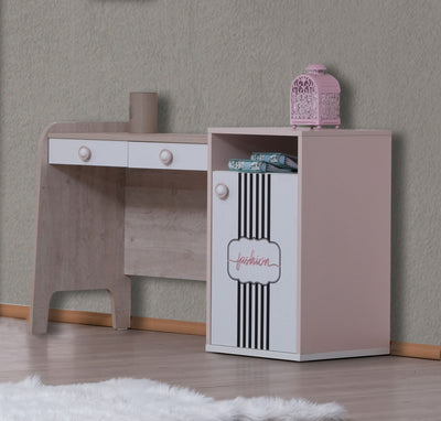 scrivania porta pc per cameretta bambina in legno bianco rosa e rovere con 2 cassetti vano e anta deocrata 