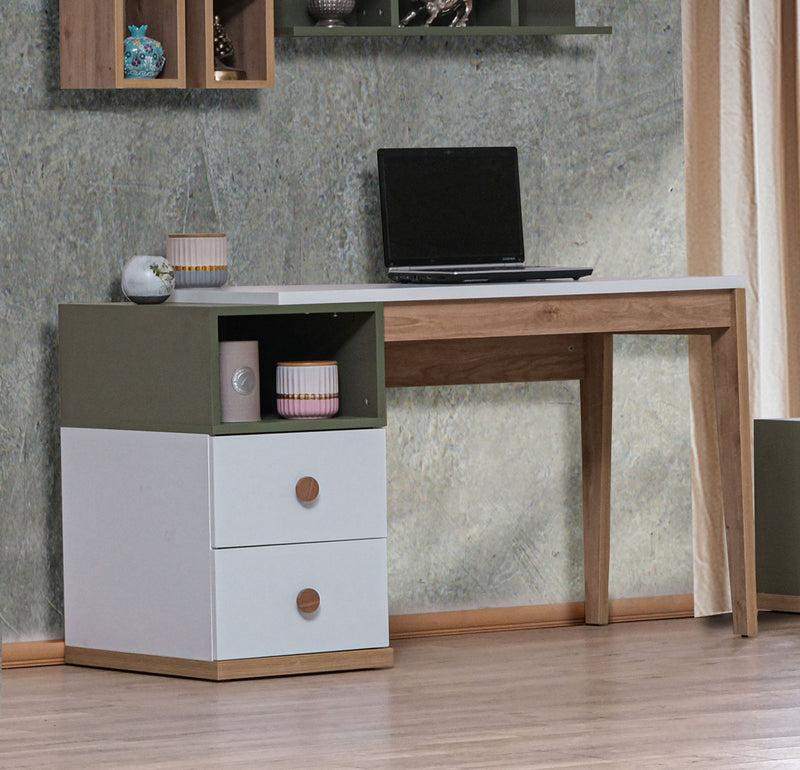 scrivania moderna per camera studio in legno rovere bianco e verde con 2 cassetti e vano