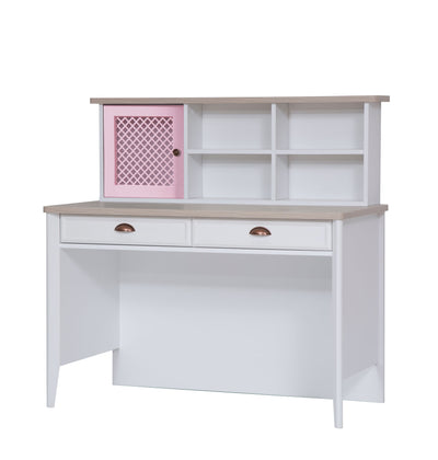 scrivania per cameretta con cassetti e vani in legno bianco rovere e rosa