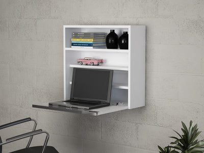 Scrivania multiuso salvaspazio richiudibile in legno color bianco opaco con 4 vani interni, da appendere al muro. Dimensioni cm 64x20x60h