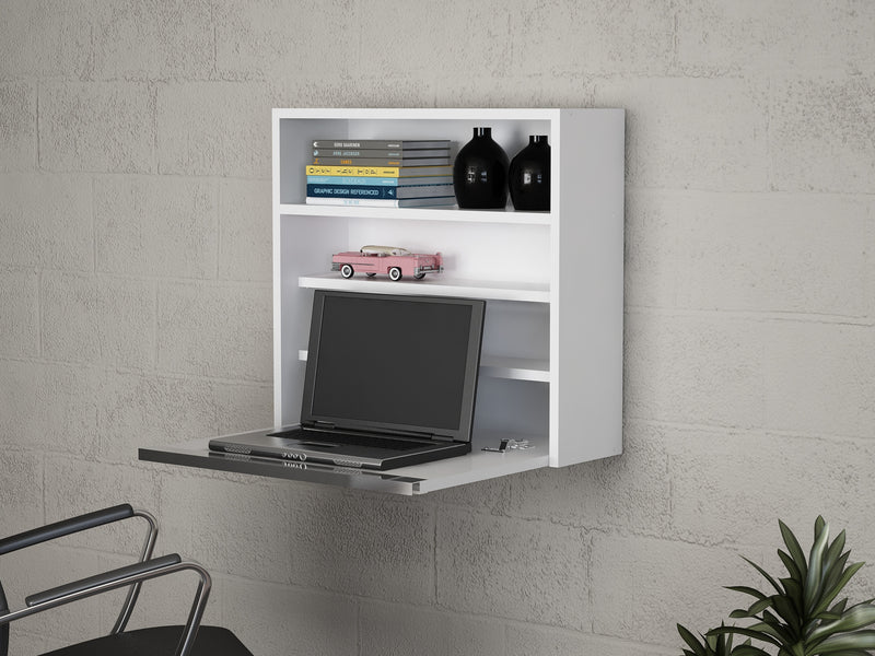 Scrivania multiuso salvaspazio richiudibile in legno color bianco opaco con 4 vani interni, da appendere al muro. Dimensioni cm 64x20x60h