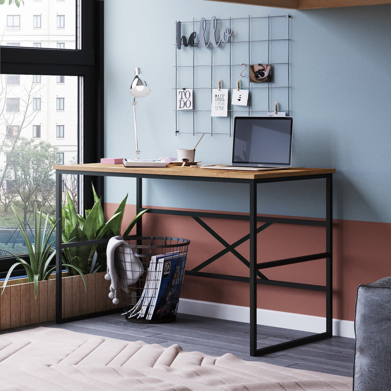 scrivania moderna stile industriale cm 120 con base in metallo nero e piano in legno colore naturale 