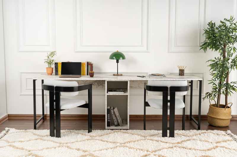 Scrivania 2 posti colore effetto marmo bianco con vano centrale cm 240x60x74h