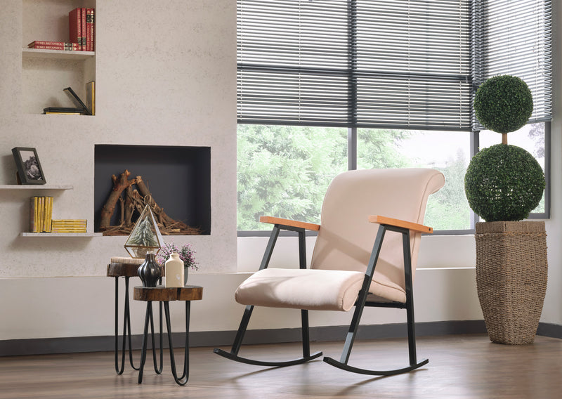 sedia a dondolo design moderno in metallo colore nero braccioli in legno seduta rivestita in tessuto colore crema