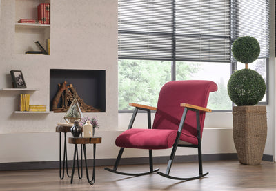 sedia moderna a dondolo seduta imbottita rivestita in tessuto rosso con struttura in metallo nero