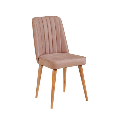 sedia living rivestita in tessuto rosa imbottita con gambe in legno colore naturale