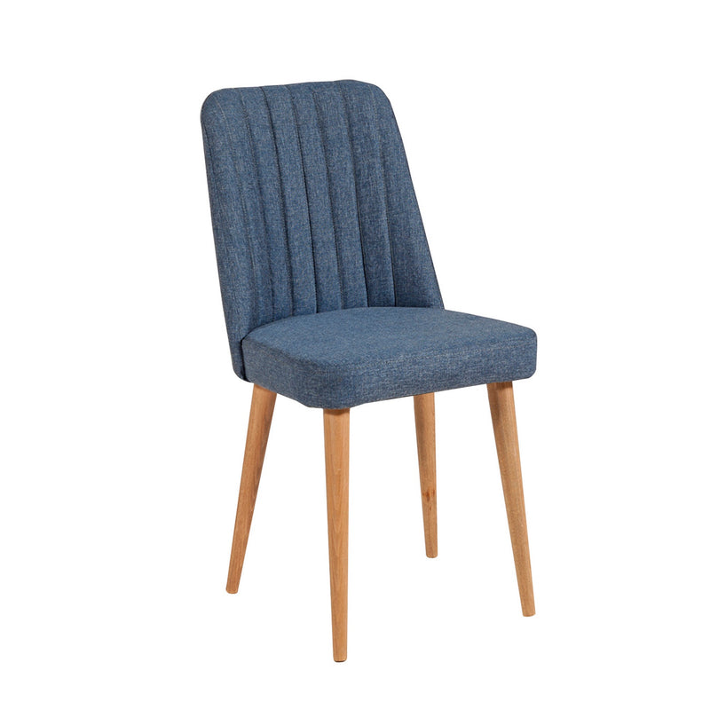 sedia moderna imbotita rivestimento in tessuto blu con cuciture verticali gambe in legno colore naturale