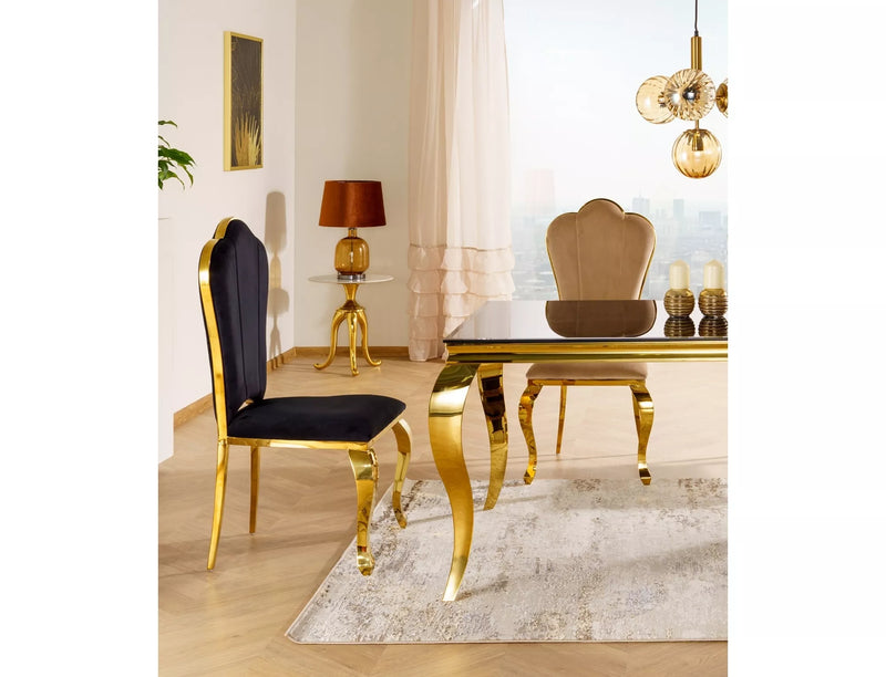 Sedia moderna con gambe oro a sciabola rivestimento in velluto schienale a conchiglia - vari colori
