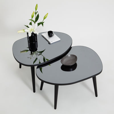 Set 2 Tavolini da salotto basso colore nero e piano con vetro colore fumè