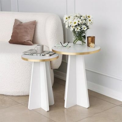 set 2 tavolini da salotto rotondi in legno colore bianco con bordino dorato