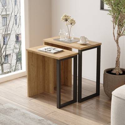 Set 2 Tavolini salotto estraibili in metallo nero e legno colore noce