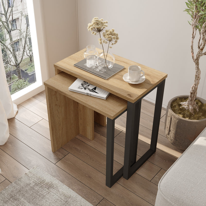Set 2 Tavolini salotto estraibili in metallo nero e legno colore noce