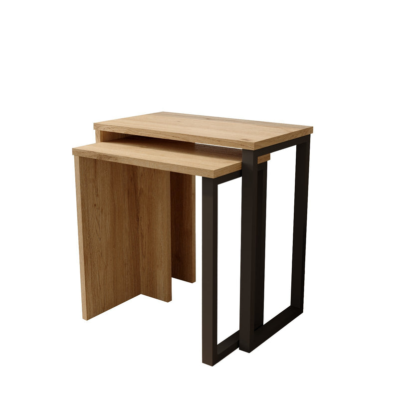 Set 2 Tavolini salotto estraibili in metallo nero e legno colore noce