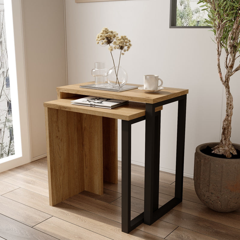 set 2 tavolini da salotto moderni in legno colore legno naturale e metallo
