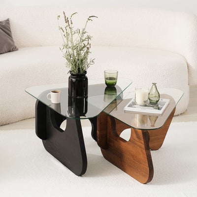Set da 2 tavolini design da salotto in legno massello wengè e quercia e vetro trasparente
