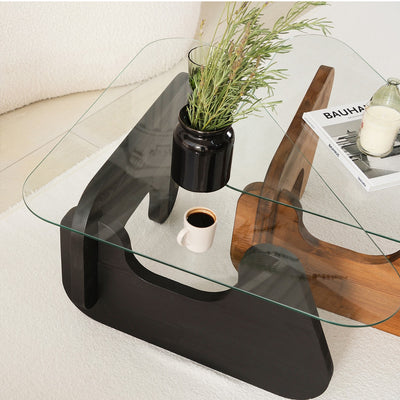 Set da 2 tavolini design da salotto in legno massello wengè e quercia e vetro trasparente