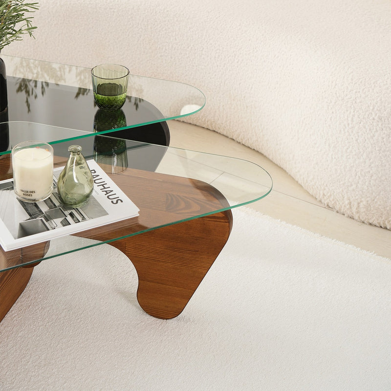 Set da 2 tavolini design da salotto in legno massello wengè e quercia e vetro trasparente