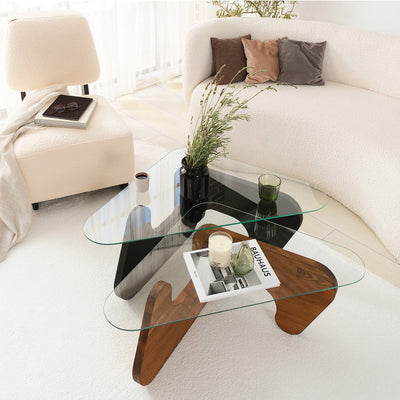 Set da 2 tavolini design da salotto in legno massello wengè e quercia e vetro trasparente
