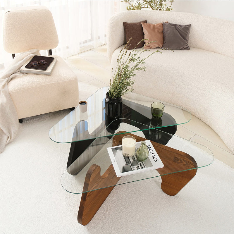 Set da 2 tavolini design da salotto in legno massello wengè e quercia e vetro trasparente