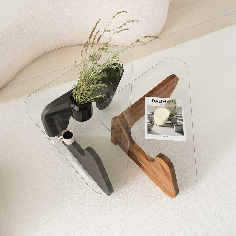 Set da 2 tavolini design da salotto in legno massello wengè e quercia e vetro trasparente