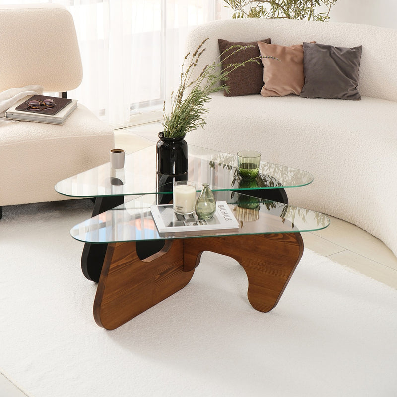 Set da 2 tavolini design da salotto in legno massello wengè e quercia e vetro trasparente