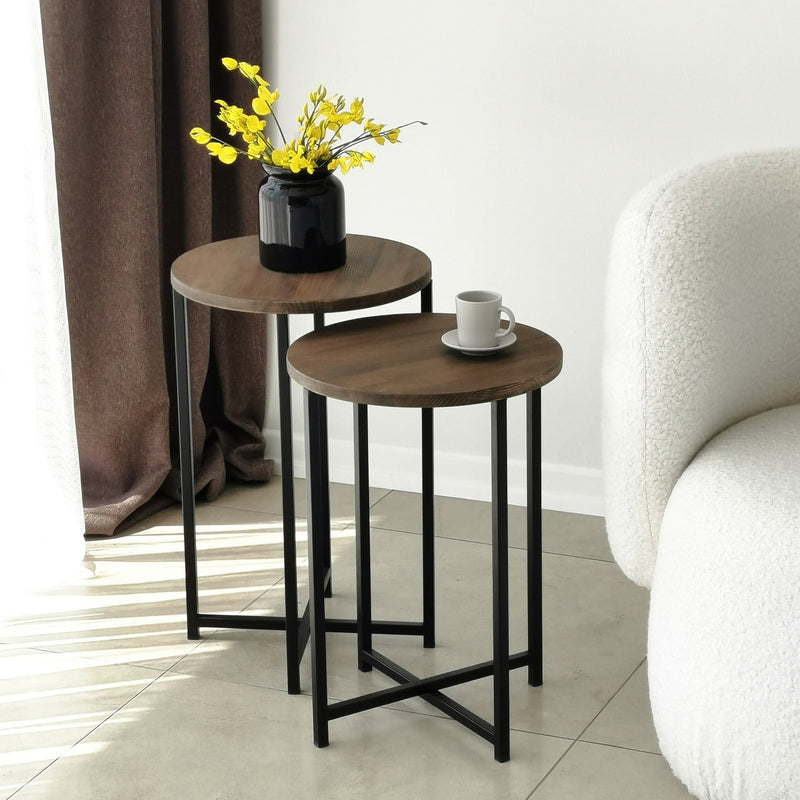 Set da 2 Tavolino salotto struttura in metallo piano in legno colore noce