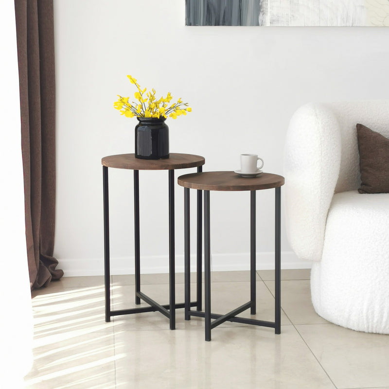 set 2 tavolino da salotto  tondi base in metallo nero ad incrocio piano in legno colore noce