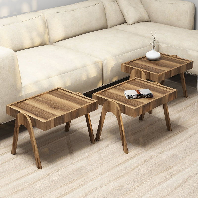 Set 3 Tavolino basso da caffè impilabile in legno finitura noce