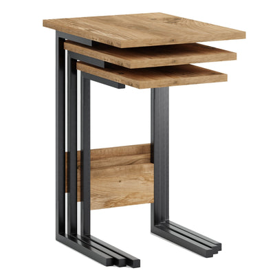 Set 3 Tavolini da salotto industrial base in metallo nero piano in legno