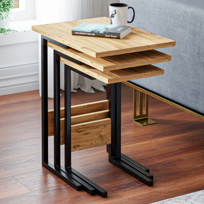 set 3 tavolino da salotto struttura in metallo nero piano in legno naturale