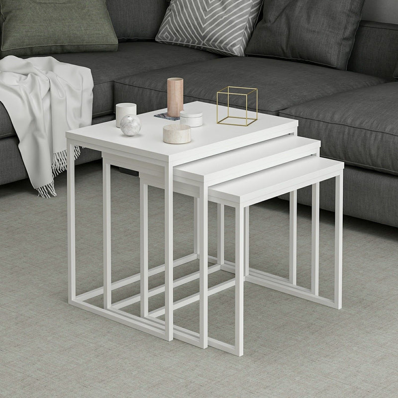 Set 3 Tavolino da salotto moderno struttura in metallo piano legno colore bianco