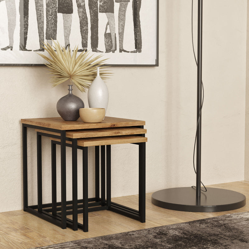 Set da 3 Tavolino basso quadrato stile industrial in metallo e legno naturale